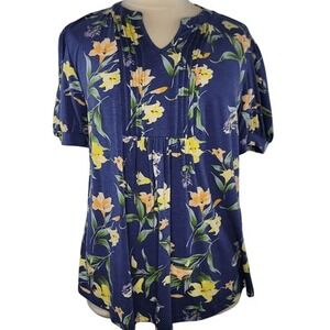 Anyally Blue Floral Print‎ V-Neck Top